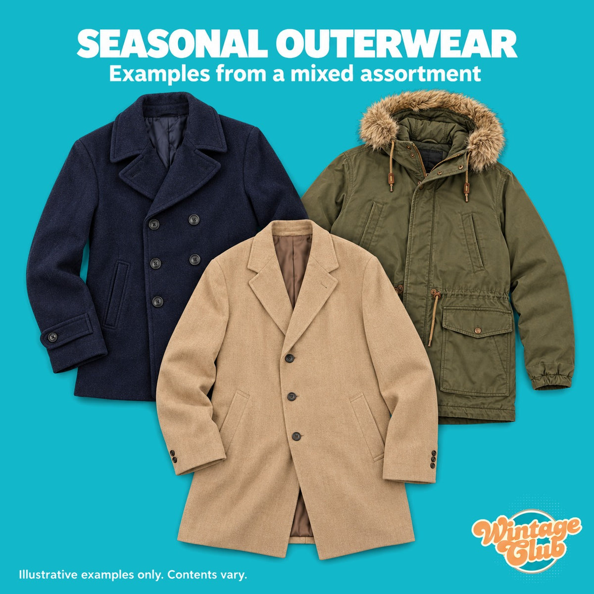 Capispalla di stagione — esempi di peacoat, soprabiti e parka vintage nella KiloBox Cappotti & Trench (contenuto indicativo)