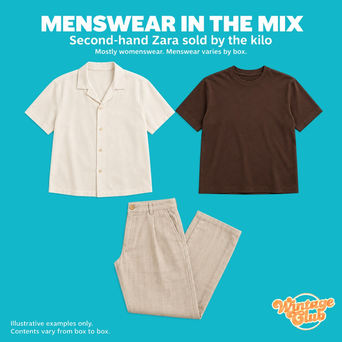 Box Solo Zara — uomo casual nel mix: camicia a maniche corte, t-shirt e pantaloni leggeri (prevalenza donna, quota uomo variabile)
