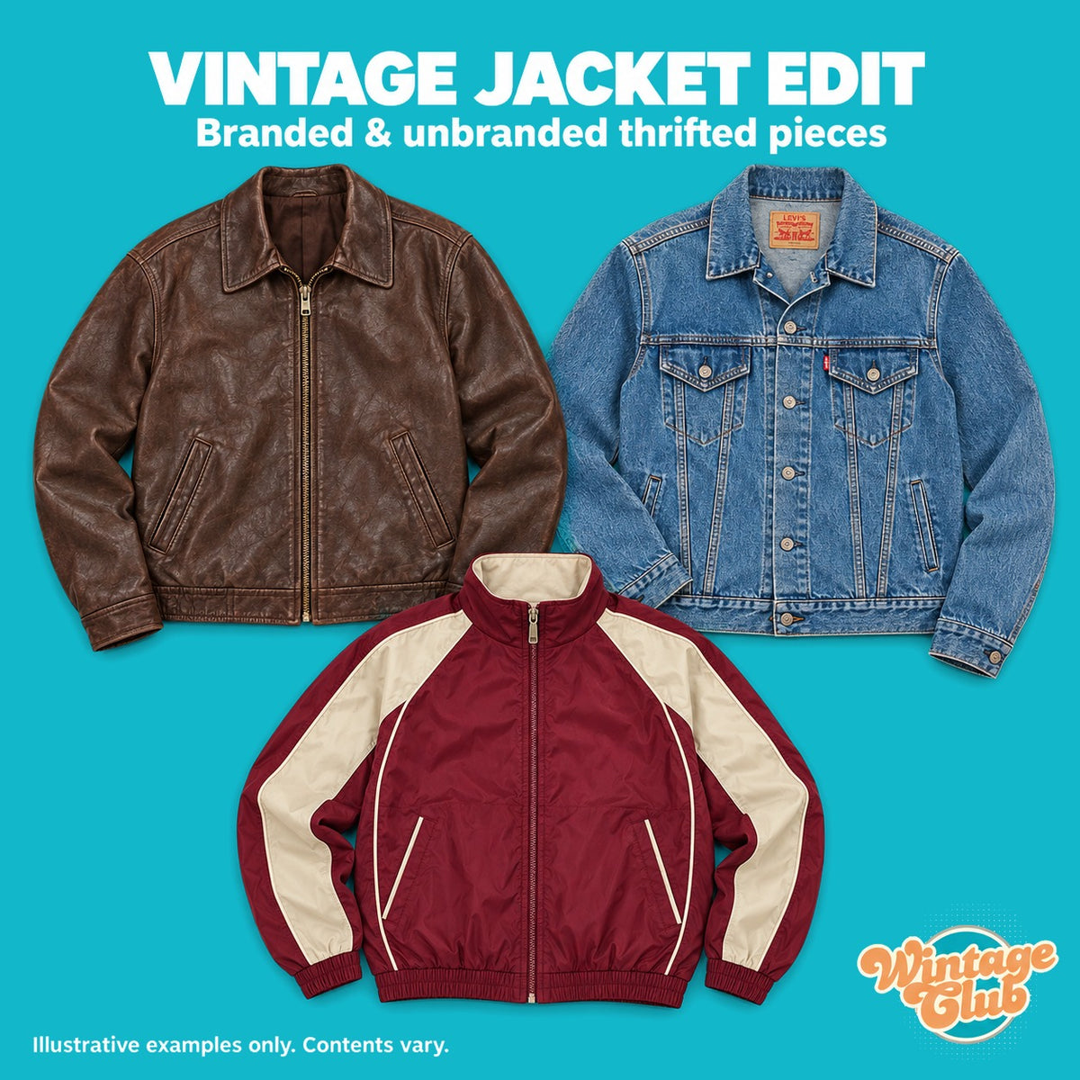 Box Abiti Vintage Y2K — giacche vintage: giacca in pelle marrone, giacca di jeans e track jacket bordeaux (esempi illustrativi)
