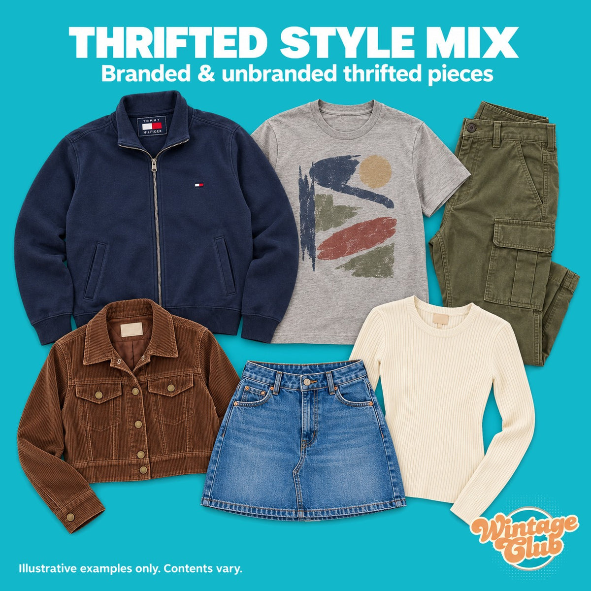 Box Abiti Vintage Y2K — mix thrift: felpa con zip, t-shirt grafica, pantaloni cargo, giacca in velluto a coste, minigonna in denim e maglia a coste