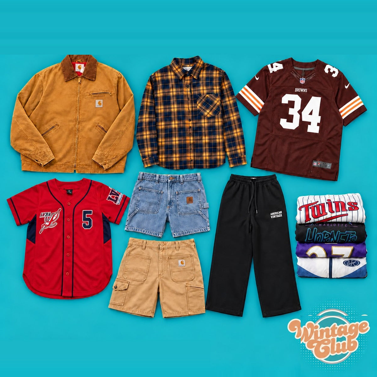 Box Americana Vintage al Kg WintageClub — workwear, sportivo USA e vintage americano: giacca da lavoro, flanella, maglie sportive, denim e shorts
