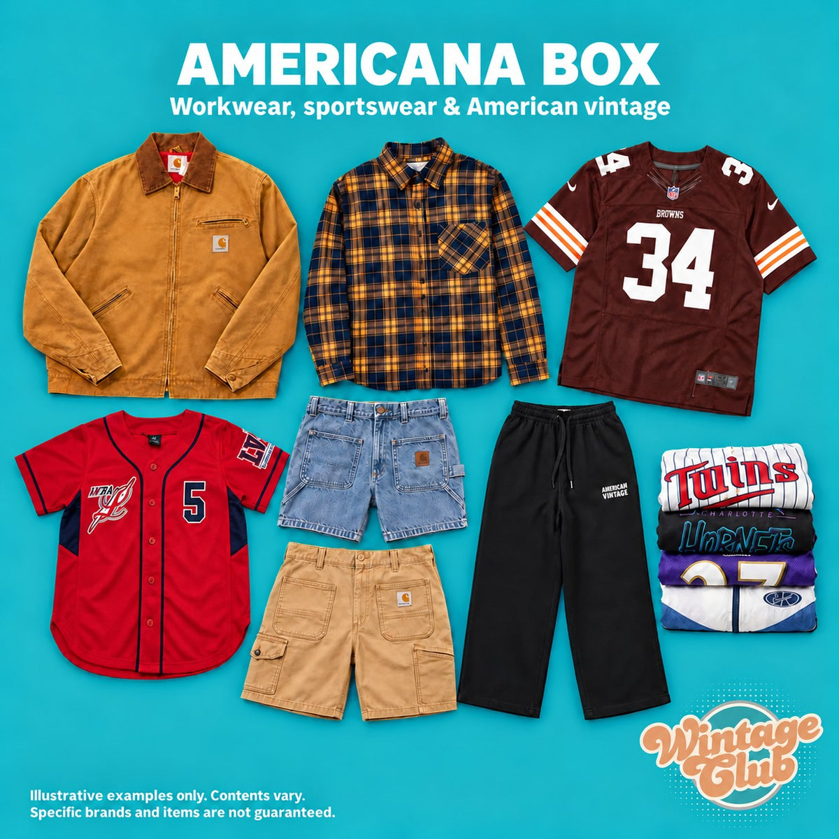 Box Americana — esempio di mix: giacca workwear, camicia di flanella, maglie sportive, jeans, shorts da lavoro e pantaloni (marchi e capi non garantiti)