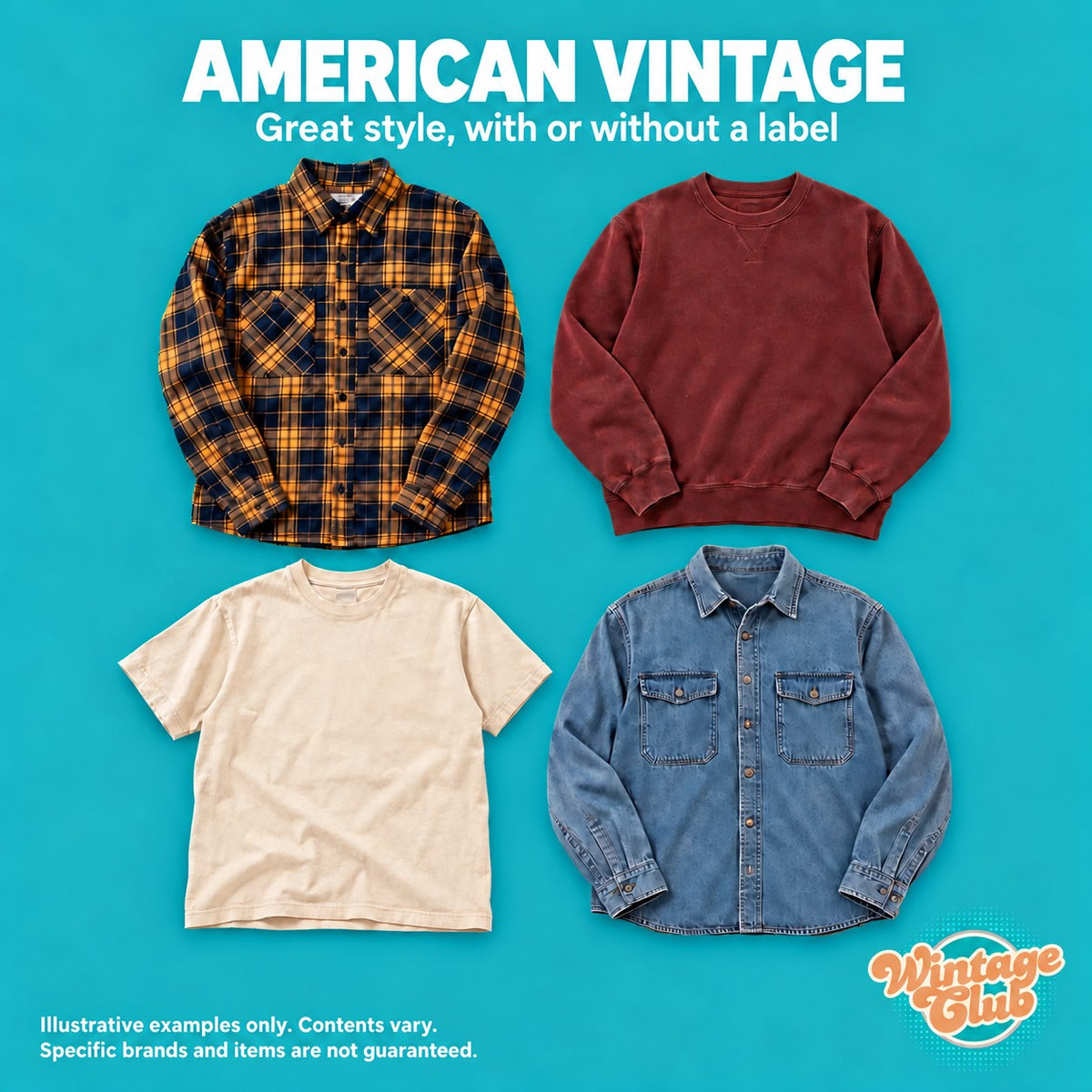 Box Americana — vintage USA non firmato: flanella a quadri, felpa bordeaux, t-shirt crema e camicia in denim