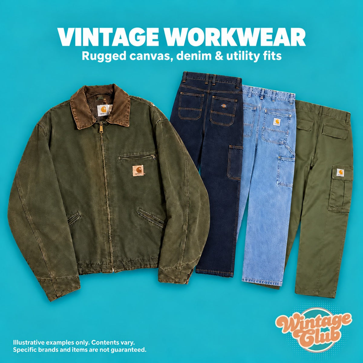 Box Americana — workwear vintage: giacca verde da lavoro, denim scuro e chiaro, pantaloni cargo verdi