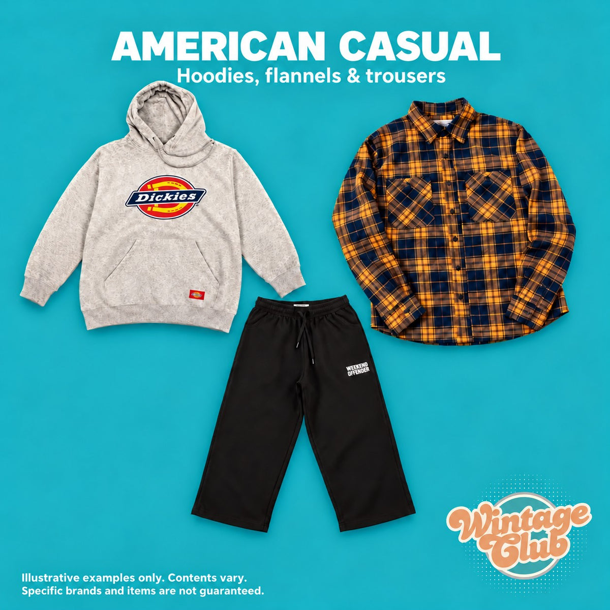 Box Americana — casual americano: felpa con cappuccio grigia, camicia di flanella gialla e blu, pantaloni neri