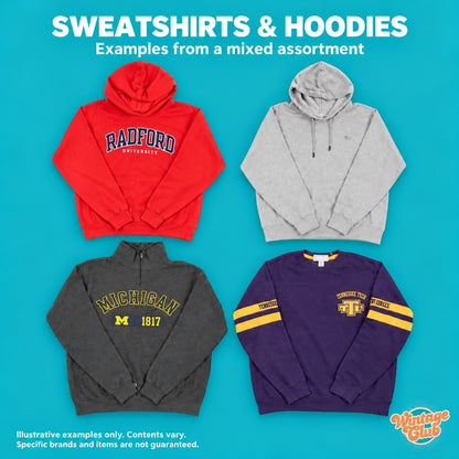 Box Americana — felpe e hoodie college: felpe rossa e grigia, mezza zip scura e felpa viola (esempi illustrativi)