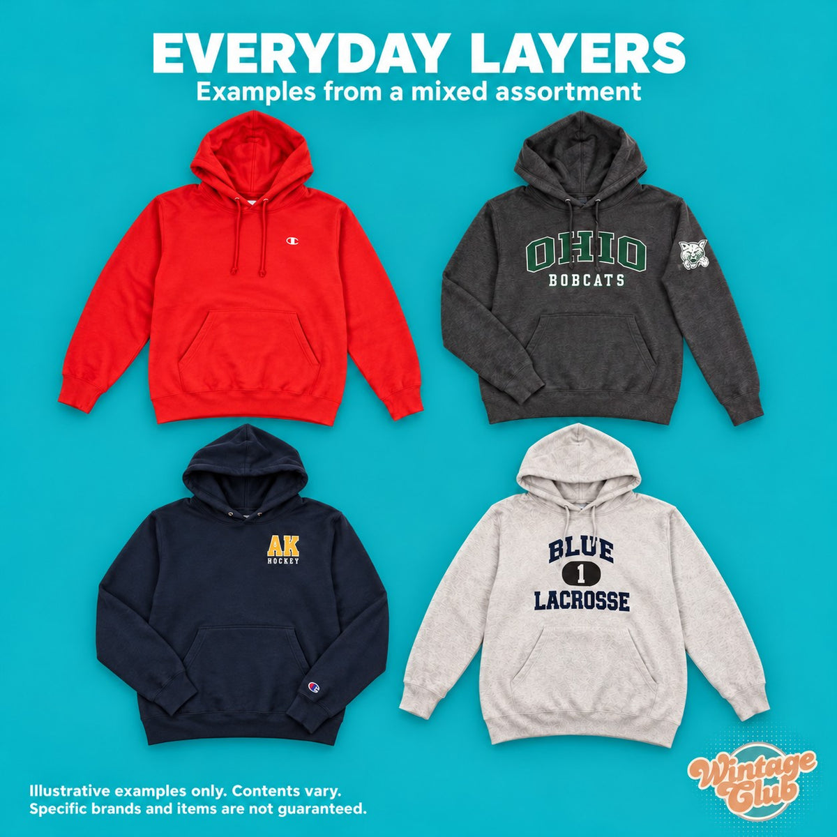 Box Americana — felpe di tutti i giorni: hoodie rossa, antracite, blu e grigio chiaro con stampe assortite