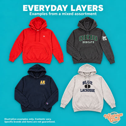Box Americana — felpe di tutti i giorni: hoodie rossa, antracite, blu e grigio chiaro con stampe assortite