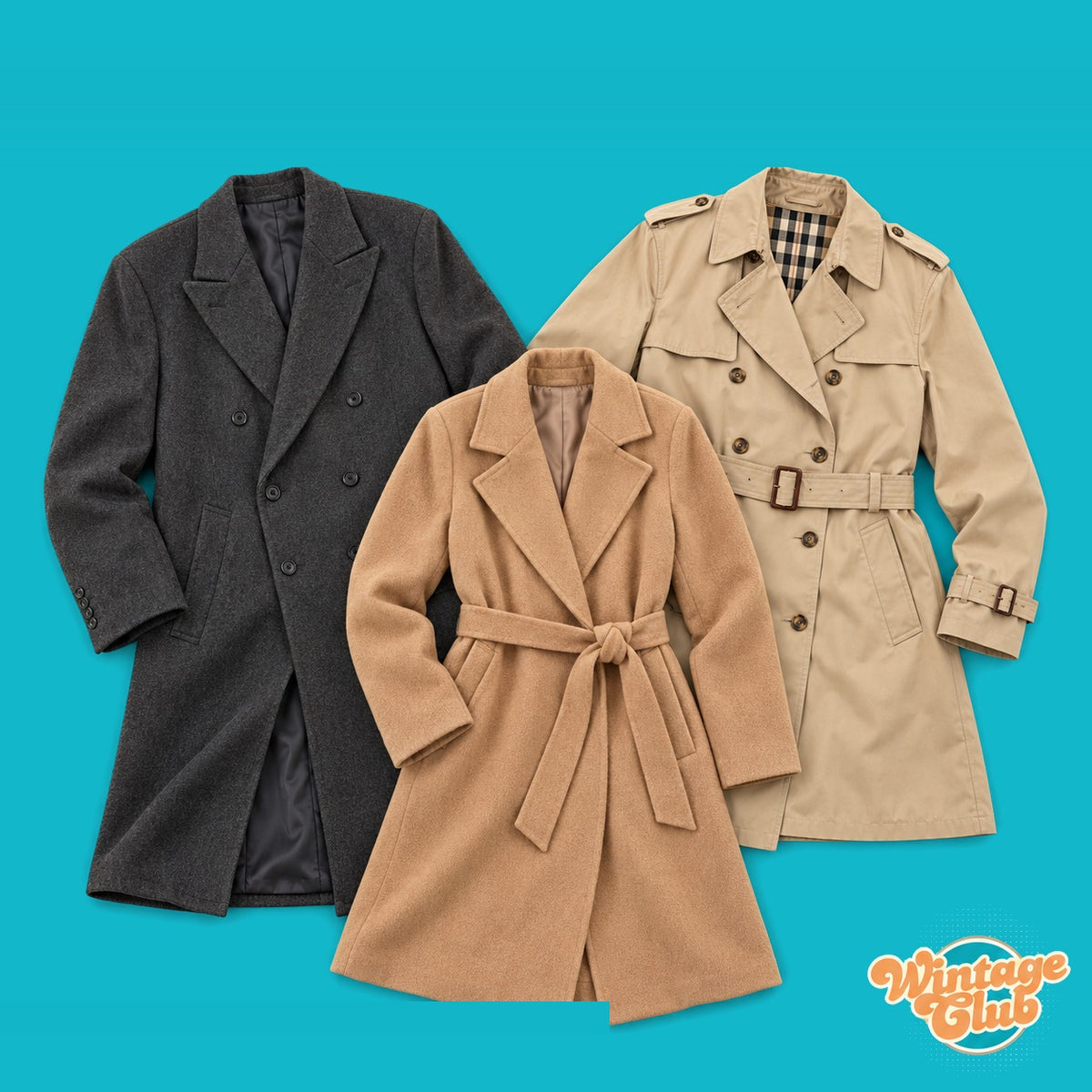KiloBox Cappotti & Trench Vintage al kg — esempi di cappotti in lana e trench second hand selezionati a mano (capi indicativi, il contenuto varia)