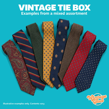 KiloBox Cravatte Vintage — esempio di assortimento misto: paisley, regimental, lana, stemmi e pois (esempi illustrativi)
