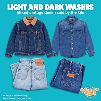 KiloBox Denim – lavaggi chiari e scuri: giacca di jeans scura con colletto beige, camicia blu e jeans piegati a contrasto