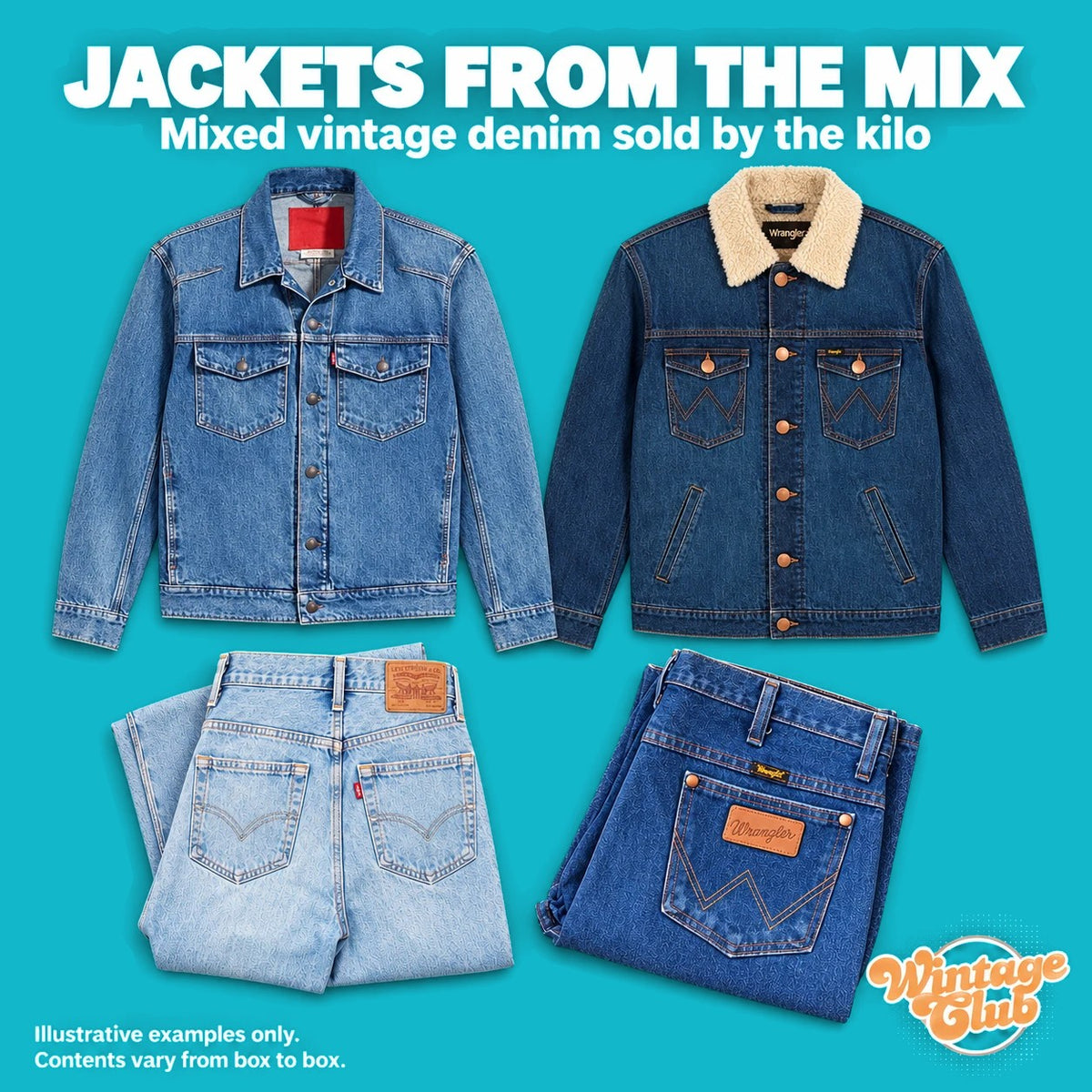 KiloBox Denim – giacche dal mix: due giacche di jeans, una con colletto crema, e jeans piegati chiari e blu