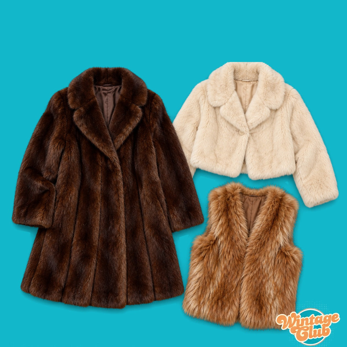 Kilo-Box Pellicce WintageClub: pellicce vintage al kg, esempio di assortimento con cappotto marrone, giacca crema e gilet