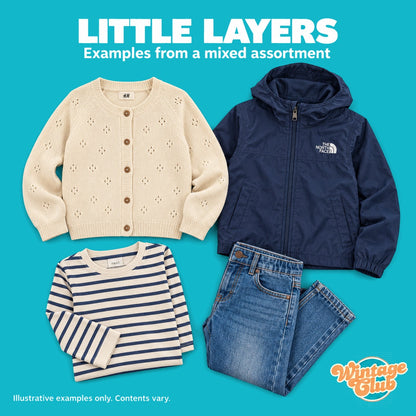 KiloBox Bambino — strati leggeri: cardigan, giacca antivento, maglia a righe e jeans per bambino