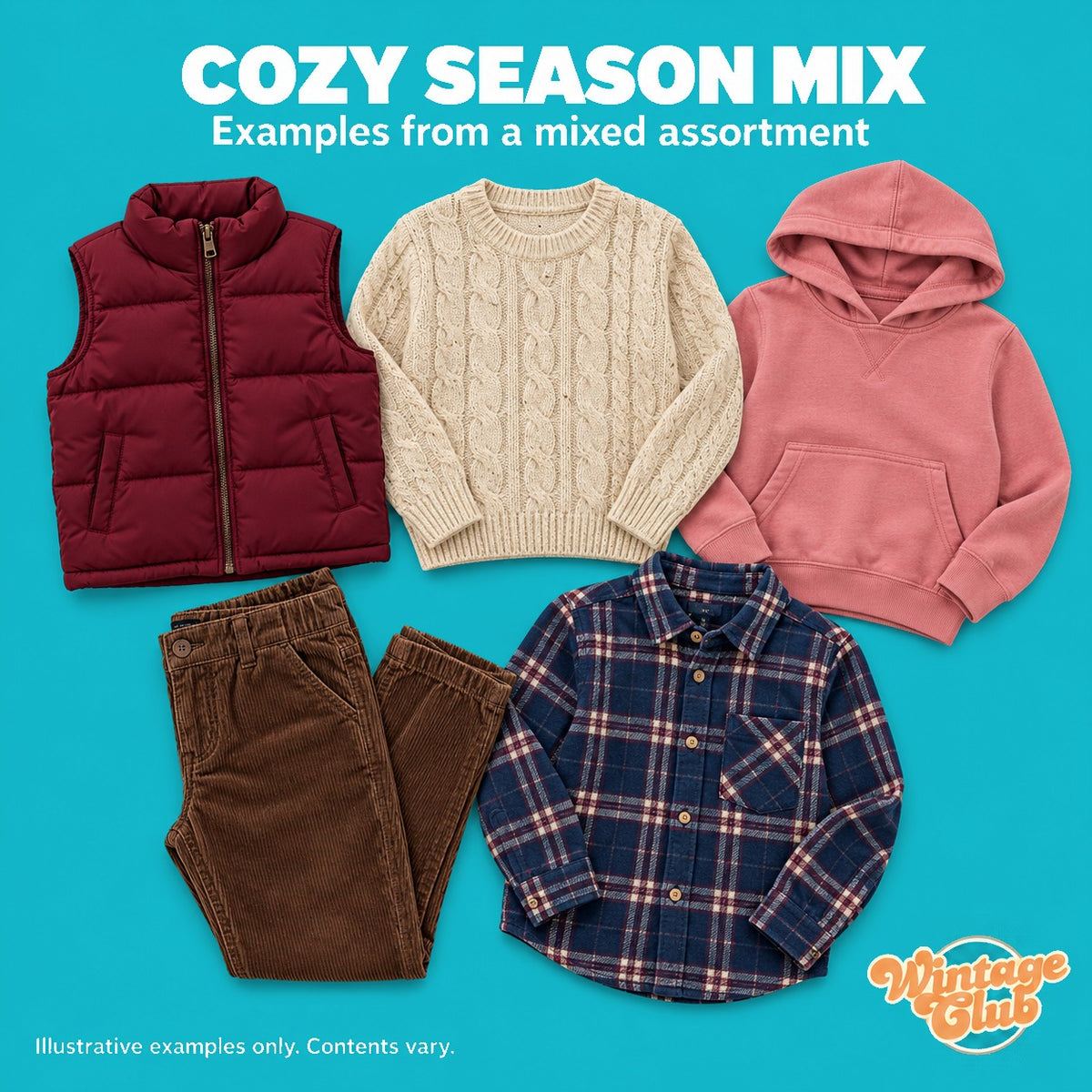 KiloBox Bambino — selezione autunno/inverno bambino e bambina: gilet imbottito, maglione, felpa, pantaloni in velluto e camicia a quadri