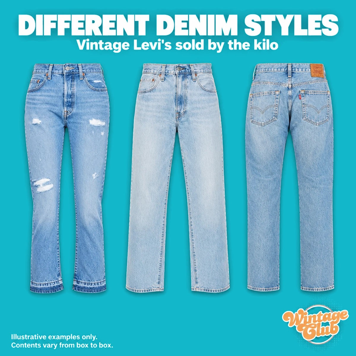 Levi's Only Box – stili di denim diversi: tre jeans Levi's a figura intera con tagli e lavaggi chiari diversi