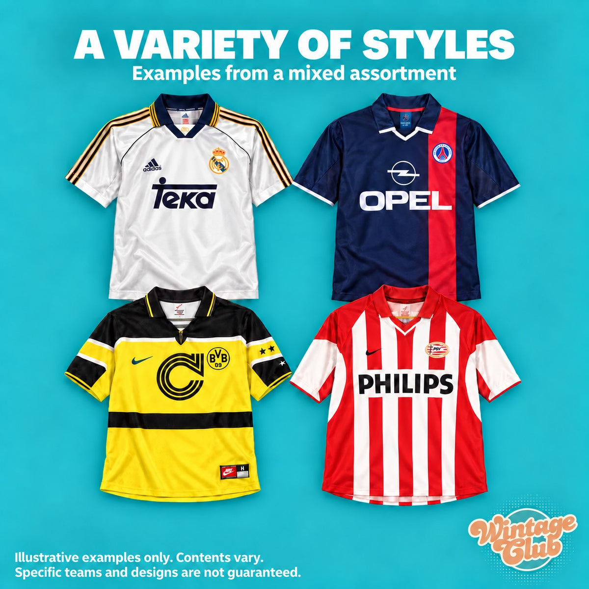 Box Maglie da Calcio — stili diversi: maglie home e away di club europei (esempi illustrativi)