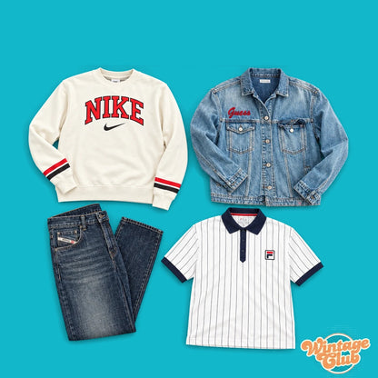 KiloBox Trial 3 kg WintageClub: esempio di assortimento Mix Brand Grade A con felpa crema, giacca di jeans, jeans scuri e polo a righe