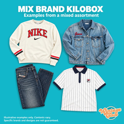 Mix Brand KiloBox – esempi da un assortimento misto: felpa crema, giacca di jeans, jeans scuri e polo a righe