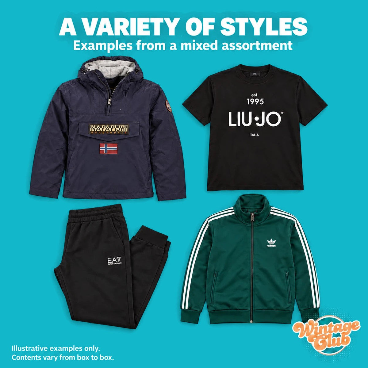 KiloBox Trial – varietà di stili: anorak blu navy, t-shirt nera con grafica, pantaloni jogger e track jacket verde
