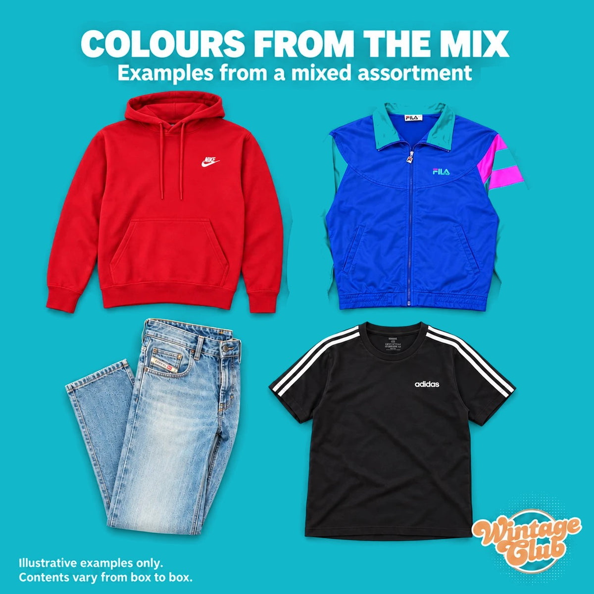 Mix Brand KiloBox – i colori del mix: felpa con cappuccio rossa, track jacket colorblock, jeans chiari e t-shirt nera