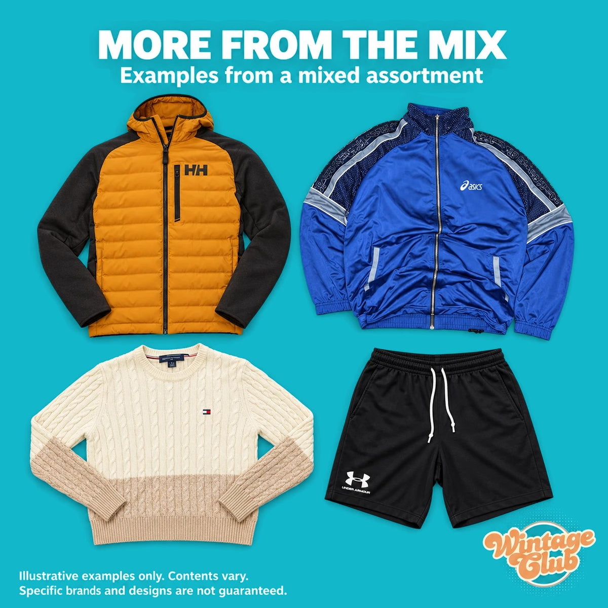 Mix Brand KiloBox – altri capi del mix: giacca senape, track jacket blu, pantaloncini neri e maglione crema a trecce