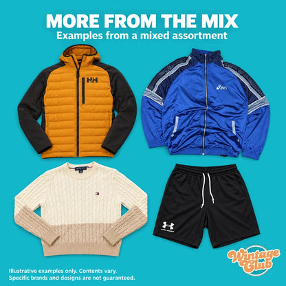 Mix Brand KiloBox – altri capi del mix: giacca senape, track jacket blu, pantaloncini neri e maglione crema a trecce