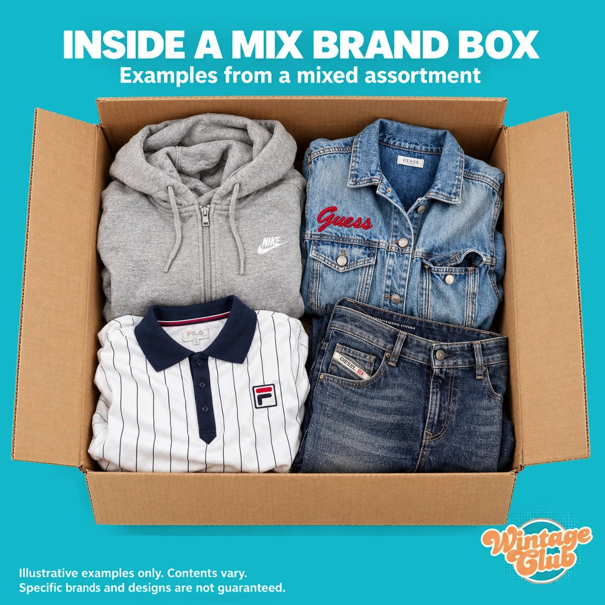 Dentro una Mix Brand KiloBox: scatola aperta con assortimento illustrativo di felpa con cappuccio, giacca di jeans, polo a righe e jeans