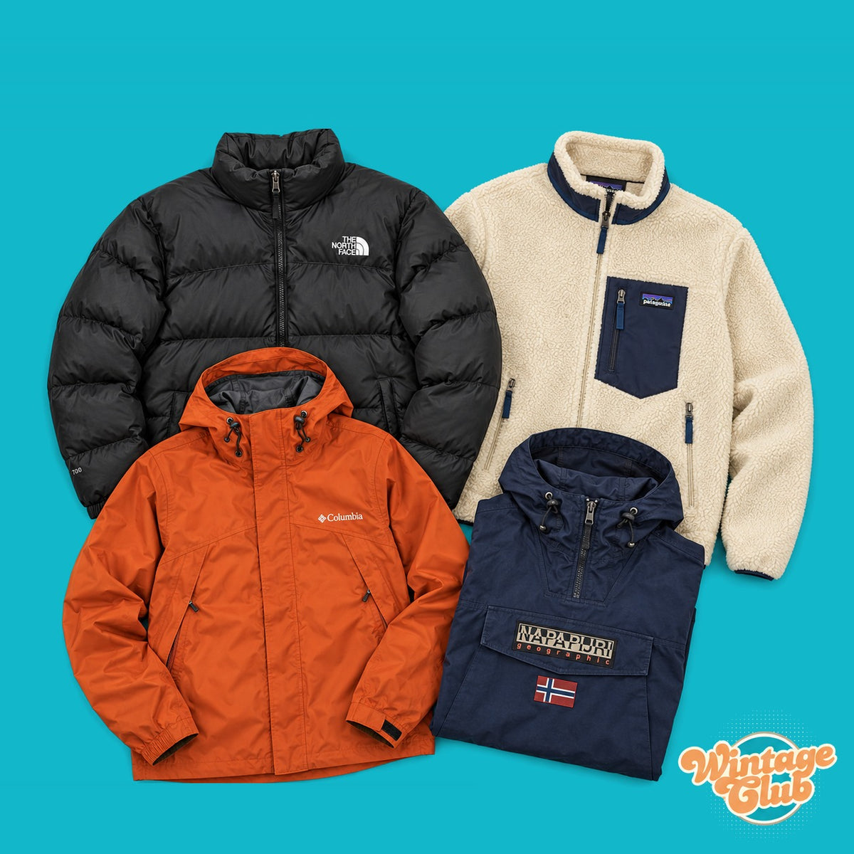KiloBox Outdoor Vintage al kg — esempi di piumini, pile e giacche tecniche outdoor second hand selezionate a mano (capi indicativi, il contenuto varia)