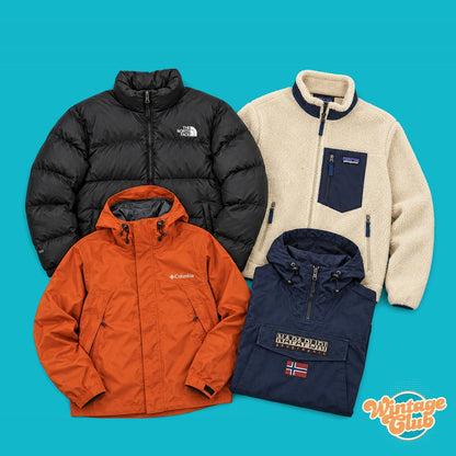 KiloBox Outdoor Vintage al kg — esempi di piumini, pile e giacche tecniche outdoor second hand selezionate a mano (capi indicativi, il contenuto varia)
