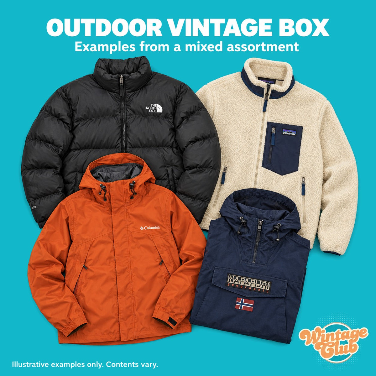 Outdoor Vintage Box WintageClub — esempi da un assortimento misto di capispalla outdoor vintage al chilo