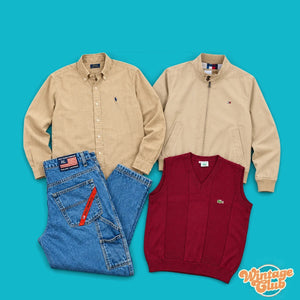 Premium Trial Box 3 kg Grade B WintageClub: esempio di assortimento vintage premium con camicia beige, bomber, jeans blu e gilet bordeaux