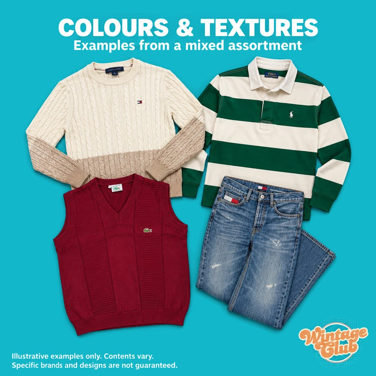 Premium Vintage Box – colori e texture: maglia a trecce, maglia rugby a righe, gilet bordeaux e denim