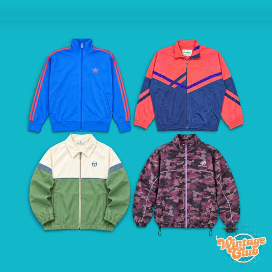 KiloBox Track Jacket Vintage al Kg WintageClub — giacche da tuta vintage in colori misti: blu, corallo, panna e verde salvia, camouflage viola