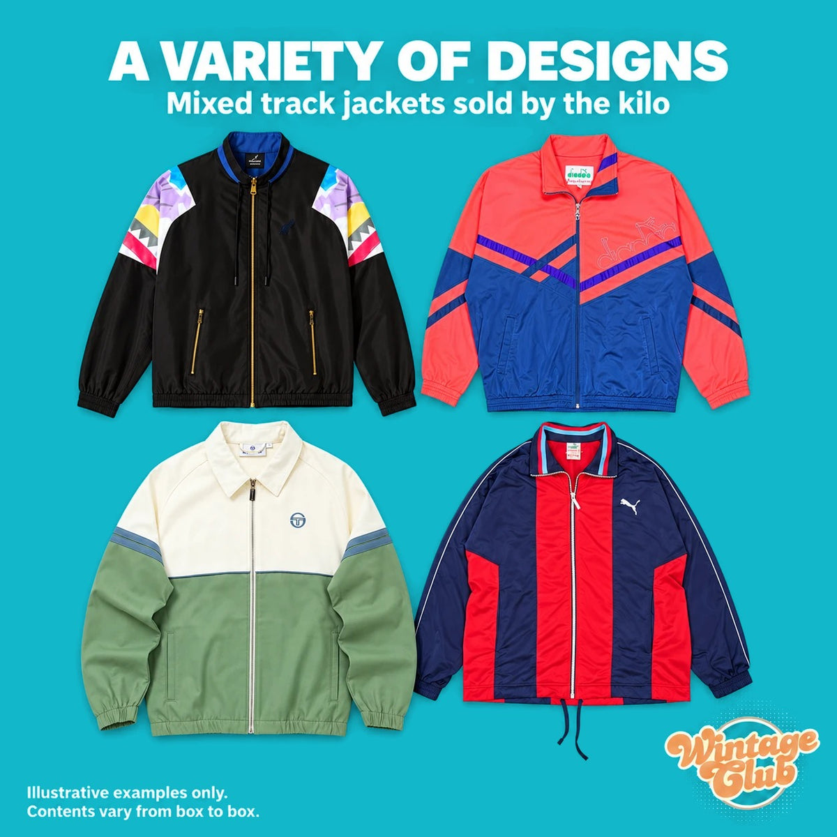 KiloBox Track Jacket Vintage — varietà di design: spalle a fantasia pastello, pannelli corallo e blu, panna e salvia, blu e rosso