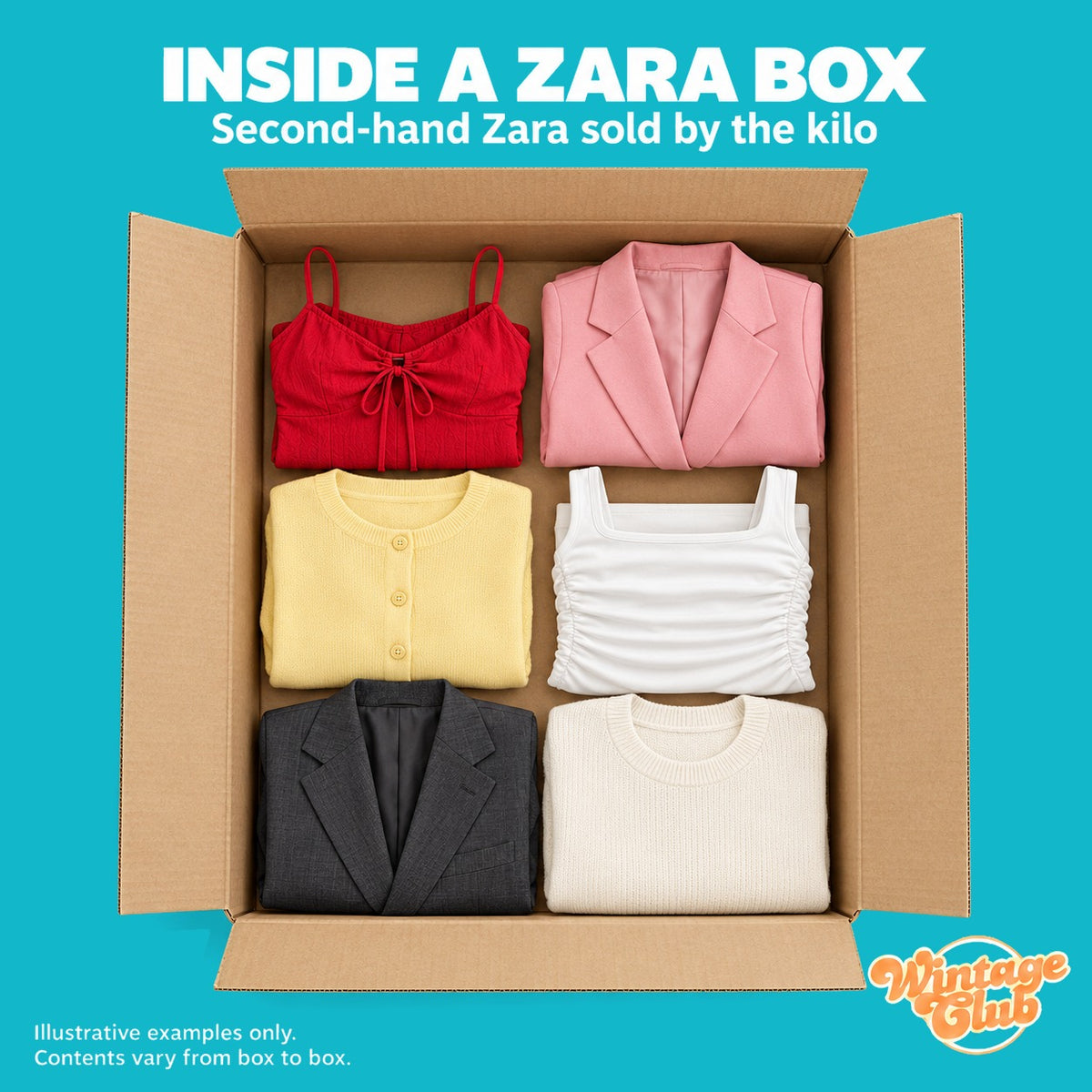 Dentro una Box Solo Zara — scatola aperta con vestito estivo, blazer donna, cardigan, top, giacca uomo e maglione