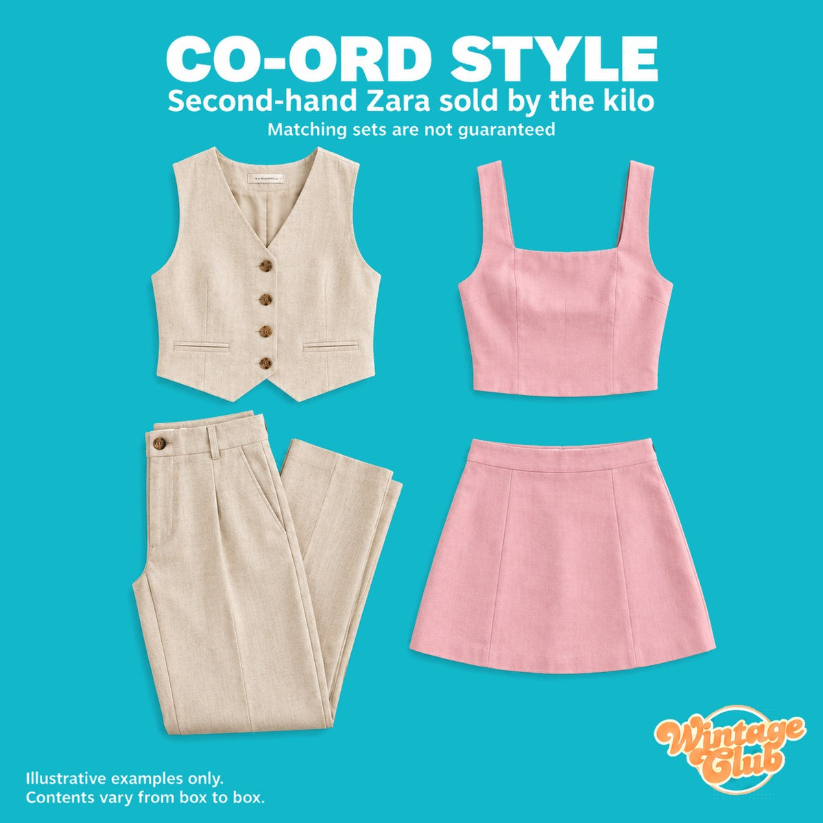 Box Solo Zara — coordinati estivi: gilet e pantaloni, top rosa e minigonna (coordinati non garantiti)